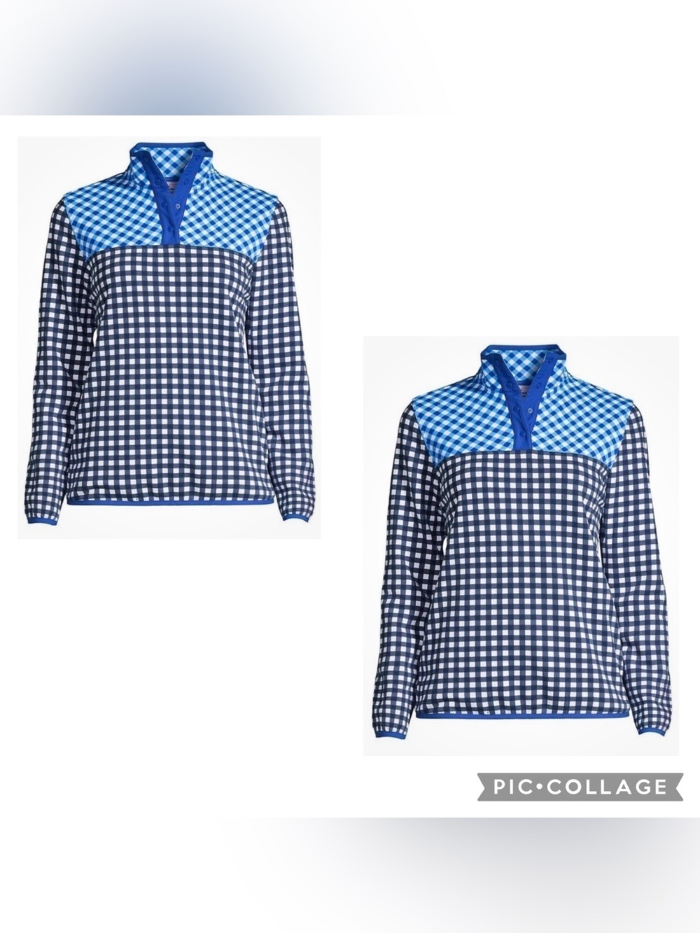 DRAPER JAMES X LAND’S END Women’s Blue Gingham SERIOUS SWEATS Pullover Size L